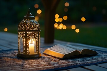 A Golden Lantern Placed Next to the Quran on a Prayer Mat, Casting a Warm Glow That Enhances the Spiritual Ambiance of Reflection, Devotion, and Peaceful Worship
