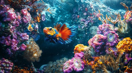 Obraz premium Mandarinfish resting in a vibrant coral garden, surrounded by intricate details of polyps, showcasing a vivid spectrum of underwater biodiversity