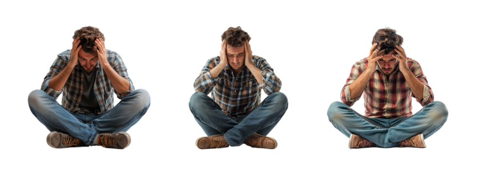 Man Feeling Overwhelmed and Stressed in Various Poses