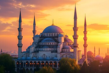 Fototapeta premium A Grand Mosque with Towering Minarets Glowing Under the Moonlight, Creating a Majestic and Serene Atmosphere That Reflects Spirituality, Devotion, and Architectural Grandeur