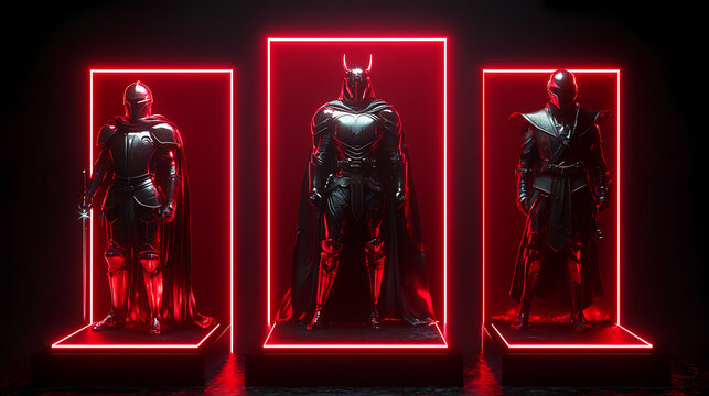 Celestial red neon stage: cosmic product display. Celestial Knights. Illustration