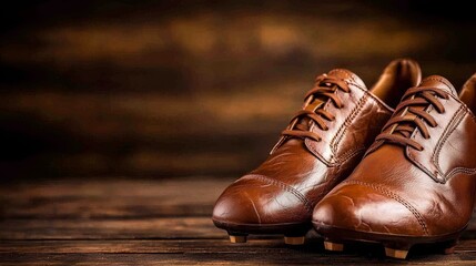 Classic leather soccer cleats with a weathered finish, laces undone, resting on a lacquered wooden surface, a subtle tribute to vintage sports