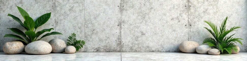 Bare concrete wall with scattered stones and plants, modern architecture, concrete wall, urban jungle