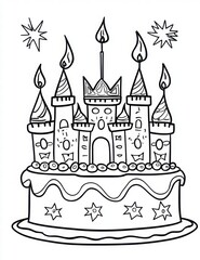 Obraz premium Whimsical Birthday Cake Castle with Lit Candles and Stars in a Simple Coloring Page Design