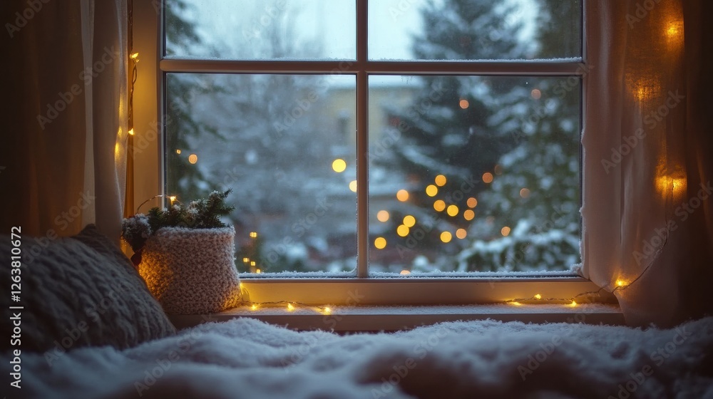 Aufkleber cozy winter evening with snow outside a window and warm lights illuminating a soft bedroom. generati