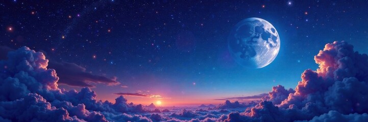 Celestial canvas with twinkling stars and a silvery moon, galaxy, nebula, night sky