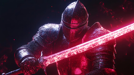 Medieval knight in shining armor, heroic pose, glowing sword, 3d illustration. Celestial Knights. Illustration