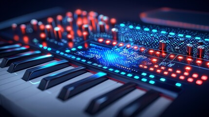 Close-up of an innovative digital piano in a vibrant studio, augmented reality layers highlighting customizable sound and touch-sensitive keys