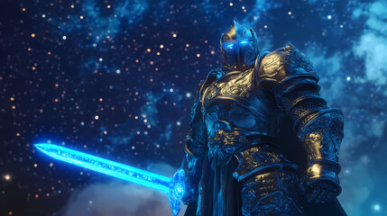 Fototapeta premium Powerful armored knight with glowing blue sword stands against a starry night sky. Celestial Knights. Illustration