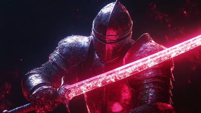 Medieval knight in shining armor, heroic pose, glowing sword, 3d illustration. Celestial Knights. Illustration