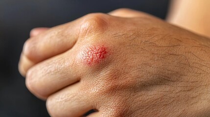 Fototapeta premium Detailed close-up of an allergic skin reaction on a hand, showing red welts from mosquito bites, with a person's fingers gently scratching