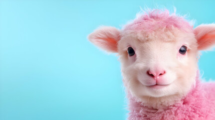 Pink lamb, playful pose, blue background, spring