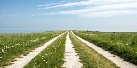 Obraz premium Minimalist Pathways to the Future: Exploring Parallel Trails of Progress and Innovation in a Serene Landscape