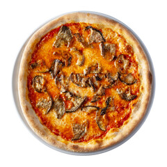 top view pizza parmigiana with eggplant and cheese. isolated white background