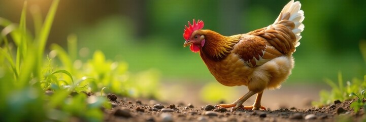 Fototapeta premium Chicken pecking at ground, landscape, country, chicken