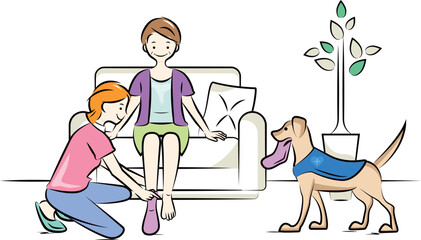 高齢女性の靴下の着替え介助を手伝う介護ヘルパーと介助犬(レトリバー)｜介護看護シリーズ