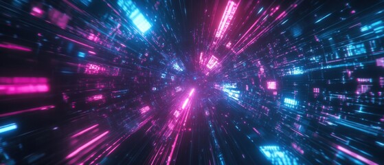 Futuristic digital cyberspace tunnel with pink and blue neon lights, data stream, and binary code Concept of technology, metaverse, virtual reality, and cyberspace