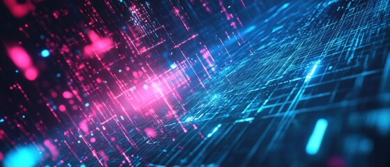 Fototapeta premium Futuristic digital landscape with glowing pink and blue lines, representing data flow, cyberspace, and technological innovation Abstract background concept for communication, network, and internet