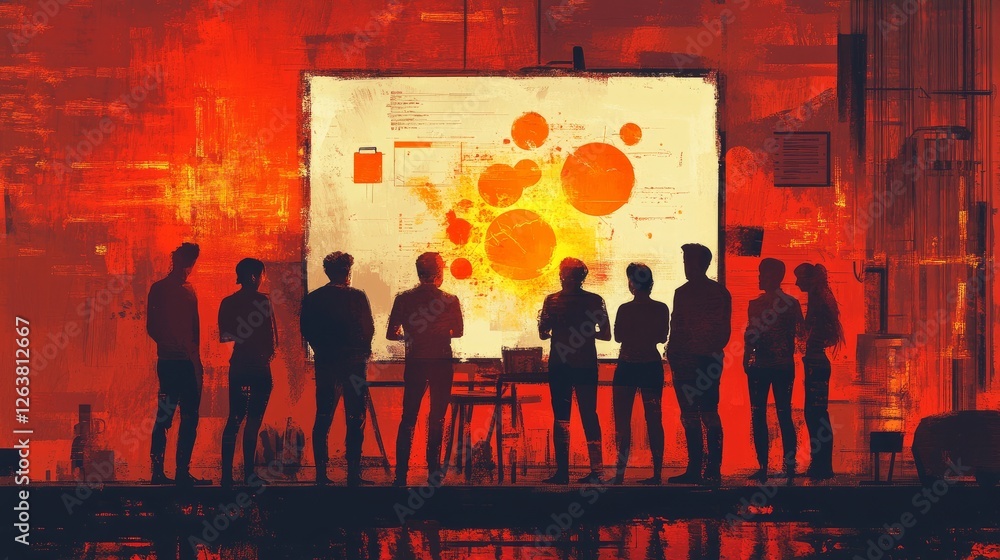 Poster silhouetted figures view data visualization projected on a large screen in a red-toned room.