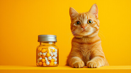 Ginger Cat and Pill Bottle on Yellow Background