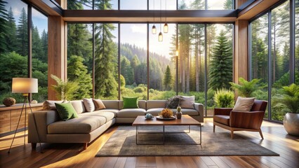Modern Living Room Forest View: Candid Photography, Tranquil Interior Design, Cozy Home Decor