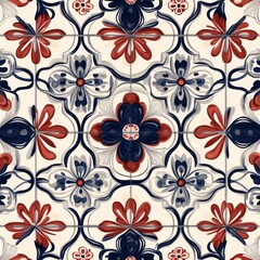 Obraz premium Elegant Floral Tile Pattern: A Symphony of Red, Blue, and Cream
