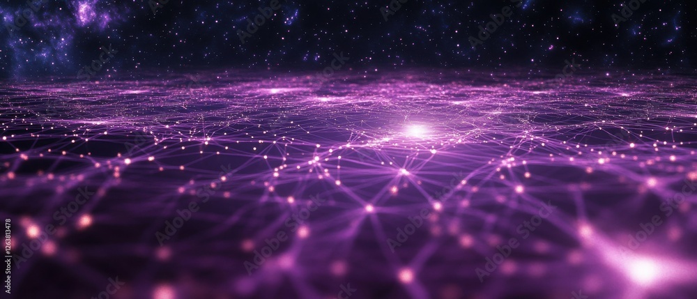 Poster abstract purple network connection dots and lines with starry night sky background concept of techno