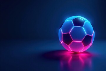 Naklejka premium Blue background with glowing neon soccer ball in focus , glowing, background, neon