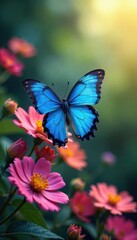 Blue butterfly in flight over flowers, flight, nature, vibrant