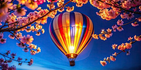 Obraz premium Night Cherry Blossom Balloon, Blue Sky, Closeup, Dark Night Photography, Celestial Bloom