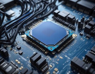 Blue circuit board with microchip and black wires set, microchip, tech accessories, robotic components