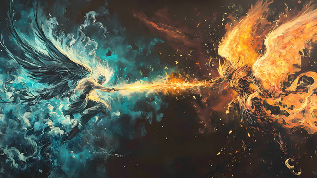 A celestial knight with glowing wings battles a monstrous demonic warlord in mid-air, their weapons colliding in a burst of divine energy and hellfire. Celestial Knights. Illustration