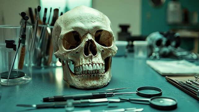 Skull and autopsy tools laid out on medical table in morgue setting