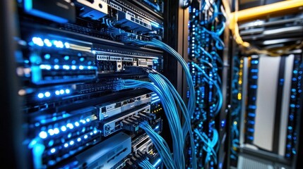 Modern Rack LED Console in High-Tech Server Room Data Center with Futuristic Glowing Lights