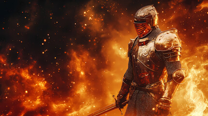 Fototapeta premium A knight in shining armor stands against a fiery cosmic backdrop, combining elements of medieval and fantastical themes. Celestial Knights. Illustration