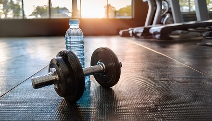 A pair of neatly placed dumbbells next to a water bottle on a gym floor, symbolizing strength training, hydration, and a healthy fitness routine. The image highlights dedication to physical health and