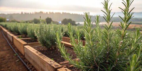 Obraz premium Panoramic View of Lush Fresh Rosemary Sprigs in a Rustic Herb Garden Setting, Capturing the Essence of Culinary Herbs, Organic Farming, and Aromatic Flavors