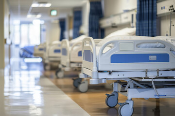 hospital corridor with empty patient beds, bright lighting, and a clean, sterile environment