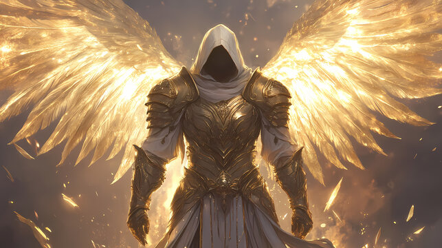 Armored aasimar warrior with hood and radiant golden wings in glowing armor standing in celestial light filled with divine energy. Celestial Knights. Illustration