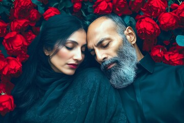 Commercial promotion conceptual art art. Sign of love and affection. Valentine's day, enamored couple: impressive dazzling, image of loving middle eastern midlife lovers. Beach couple.