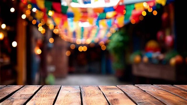 Empty white wooden table, colorful paper confetti decorations in the background, moving in the wind