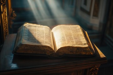 Obraz premium Open Holy Bible Book with Glowing Light Rays in Church Interior for Spiritual Themes