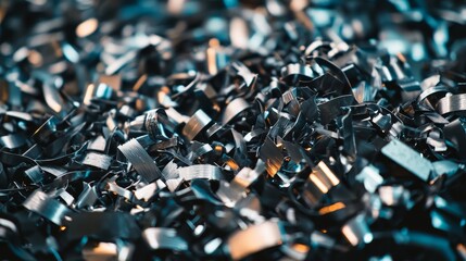 Obraz premium A heap of sharp-edged stainless steel shavings in various shapes and sizes, under a bright and cold metallic glow