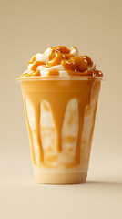 Caramel Sauce and Whipped Cream Topped Beverage in Plastic Cup