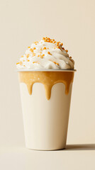 Whipped Cream Beverage with Caramel Drizzle and Sprinkles in White Cup