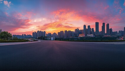 Fototapeta premium Cityscape at Sunset: Vibrant Skyline and Empty Road