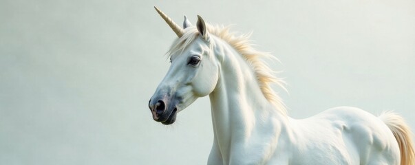 Fototapeta premium Close-up shot of a pure white unicorn stallion with a flowing mane and tail , beautiful horses, mythical creatures,