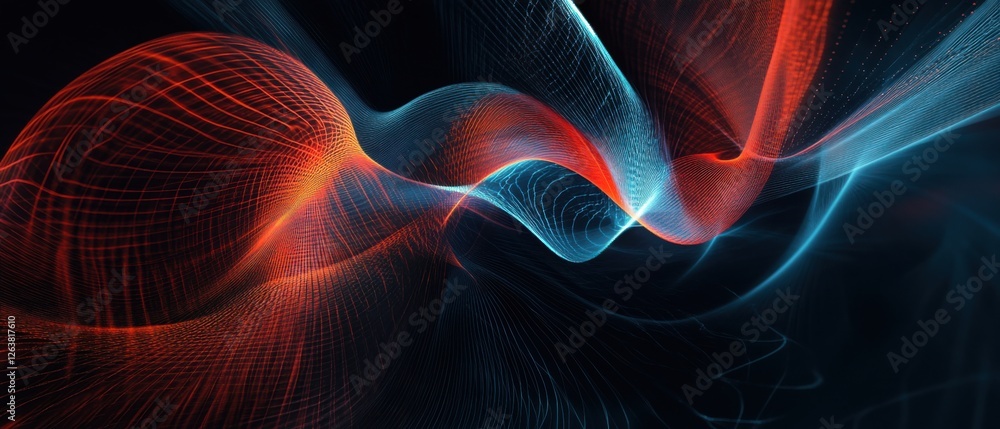 Poster abstract digital wave of blue and red swirling lines on a black background futuristic flowing energy