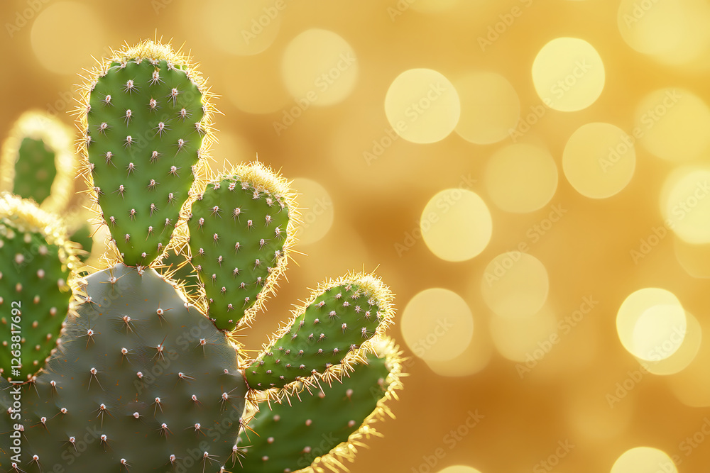 Poster prickly pear cactus pad close-up with golden bokeh background