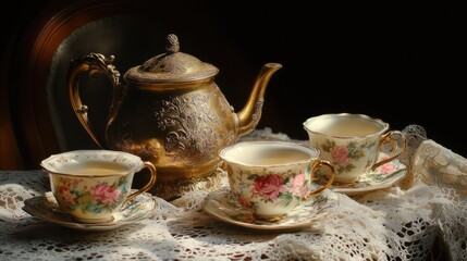 Fototapeta premium Vintage Tea Time: Ornate Gold Teapot and Floral Teacups on Lace